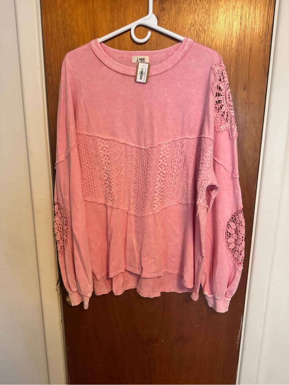 J. Her Pink Crochet Panel Long-Sleeve Blouse